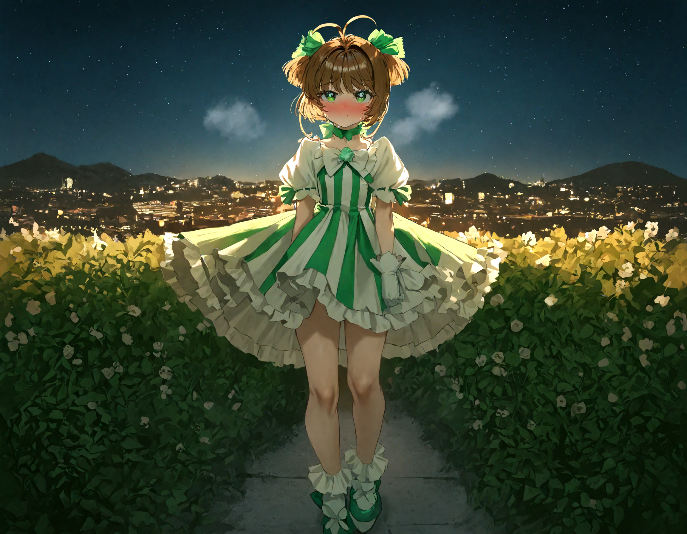 yoneyama mai, rmunakata_(sekimizu_kazuki):1.2,mogudan:0.7, hamada_yoshikazu:0.8, quasarcake:0.8,toraishi 666:0.8,flanvia:0.9 ,negative space, retro_artstyle,
masterpiece, highres, absurdres, newest, shy,
1girl, kinomoto sakura, dress, 1990s (style),  solo,  retro artstyle, puffy sleeves, gloves, short sleeves, white gloves, puffy short sleeves, striped, short hair, flower, ribbon trim, antenna hair, smile, two side up, shoes, standing, green eyes, looking at viewer, green footwear, ribbon, choker, bow, brown hair, green dress, bangs, closed mouth, magical girl, green bow, short twintails,, hair ornament, green ribbon, frills, vertical stripes, green choker, socks, white flower, striped dress, vertical-striped dress, ribbon choker, twintails, white dress, ribbon-trimmed sleeves, hair bow,
, detailed background, sweat, in heat, steaming body,flat breast,flat chest, breathing,full face blush , deep night, outdoors, city backgound, night city, thick thigh, solo,looking at viewer,   night sky,windy, 
<lora:ponyv4_noob1_2_adamW:0.5>, <lora:add-detail-xl:0.5>, <lora:Card Captor Sakura Anime_XL:0.3>,<lora:illustrious_noobai_epsilon_pred_1_best_quality_v1:0.7> ,<lora:illustrious_noobai_epsilon_pred_1_masterpieces_v1:0.7>,