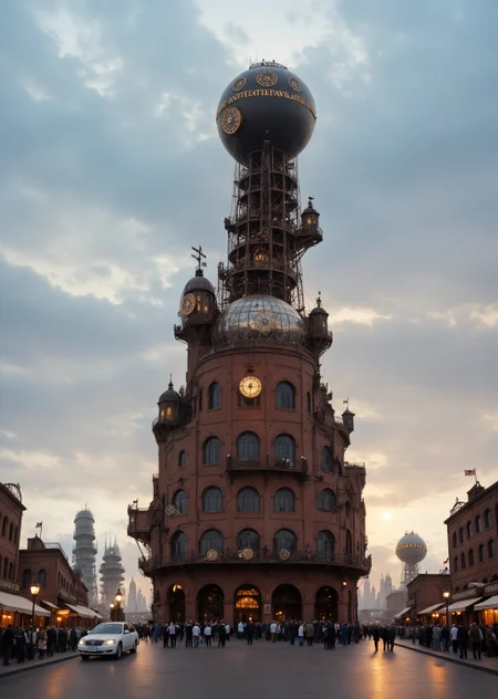 depicting a sprawling, fantastical cityscape with a steampunk aesthetic. The layout is a wide panoramic view showcasing a dense array of intricately designed buildings with pointed spires, domes, and elaborate architectural details. The structures are predominantly dark with hints of blue and bronze, creating a moody atmosphere. In the sky, several airships float among the clouds, adding to the steampunk theme. The city is bathed in a soft, diffused light, suggesting either dawn or dusk, with a warm glow emanating from windows and streetlights. Smoke rises from chimneys, contributing to the industrial feel. The foreground features a large, ornate dome with intricate patterns, while the background reveals a vast city stretching into the distance, with towering buildings silhouetted against the sky. The overall scene is rich in detail, evoking a sense of wonder and adventure.<lora:lora\zavy-cntrst-sdxl.safetensors:1.0:1.0><lora:lora\xl_more_art-full_v1.safetensors:1.0:1.0><lora:lora\Add_more_details_V2_XLpony.safetensors:1.0:1.0><lora:lora\sdxl_enhance.safetensors:1.0:1.0>