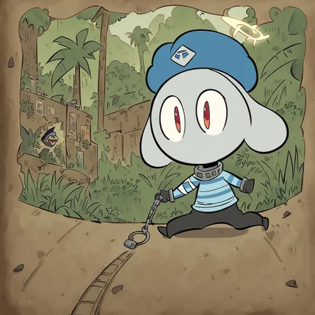 score_9,score_8_up, by Simon Hutt and Fujiko Fujio \(skchkko\), (solo:1.2), 1mutant, Insects humanoid, pale grey skin, Scenery, tired eyes, Red pupils, hidden nose, sharp teeth, Insect antenna, power lines, no humans, Blue Beret Cap, bandage arms, Blue striped simple Sweater Button Up robe, red Scarf, white halo, barbwire collar, shackles on wrist, excited and Screaming, Slightly Side View, Jungle, Artist by Alexis Beaumont and Hiroyuki Imaishi, France hand drawn art, hand drawn illustration, Style of Yoojeong Bae and Fujiko Fujio, Flat 2D Art Style, Thick lineart, Art Style of Wuye Changjie and Hiroyuki Imaishi, Jungsu Lee parody, <lora:Alternative_lora:0.7>,<lora:TakeichiAbarayaArtistStyle_v10:0.2>, <lora:AlexisBeaumont-10:0.8>, <lora:SilviaDeVenturaArtist-19:0.2>, <lora:LewisTrondheimXLP_Style:1>, <lora:Kim_Pong_PongV2:0.9>, <lora: Powerpuff_Girls-XL:1>, <lora:Mutafukaz-000044:0.8>