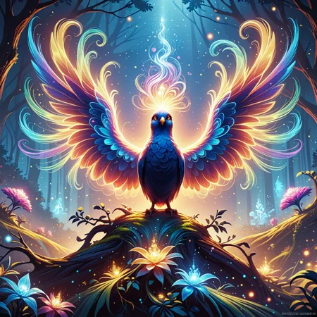 Score_9, score_8_up, score_7_up, score_6_up, score_5_up, score_4_up, lumina, mystical, multicolored, glowing, swirling, glowing magical energy. no humans, wings, bird, solo, glowing, animal focus, spread wings, light particles, blue eyes,sitting on tree, feathers, star \(sky\), flower, fantasy, vibrant colors, ethereal atmosphere, otherworldly glow, neon lights, colorful aura, sparkling ambiance, bioluminescent elements, enchanted forest, vivid lighting, bright illumination, multicolored lights, dynamic light effects, mystical scene, surreal scenery, fantasy art, high detail, vibrant palette, blue, purple, pink, orange, yellow, green, neon, glowing, wonder, awe, enchantment, magic, digital painting, high contrast, whimsical, captivating pose, dynamic composition, close up, swirling, glowing magical energy. <lora:Selftrained\Lumina_Mystica:0.4>