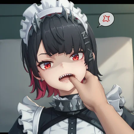 score_9, score_8_up, score_7_up, score_6_up, source_anime, source_hentai,
<lora:ellen.pony:1>, zzzellen, red eyes, colored_inner_hair, black hair, red hair,
maid, maid headdress,
bedroom, looking at viewer, (shaded face), (spoken anger vein),
<lora:fingercandy-pony:0.8>, fingercandy, pov hands, wide open mouth, (spiked teeth, sharp teeth), extreme close-up, close-up, hand in another's mouth, from above,