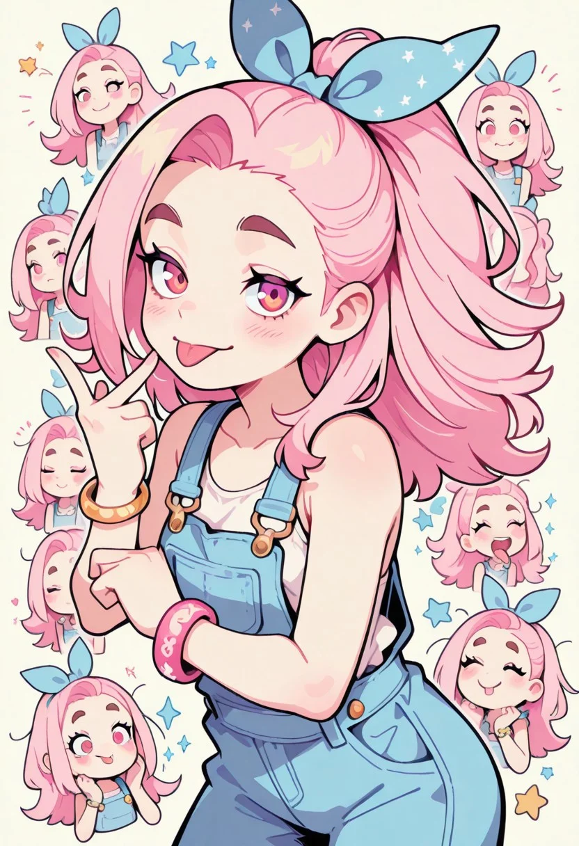 1 girl , solo , blushing , tongue out , closed mouth , bratty smile , thick eyebrow , eyelashes , cute , winking , star , sleeveless , bracelet , overalls , ribbon , hair ribbon ,
masterpiece, best quality ,amazing quality ,S4bit4mago_illu , Protoneon ,s0wasow4rt_illu, t1m3r