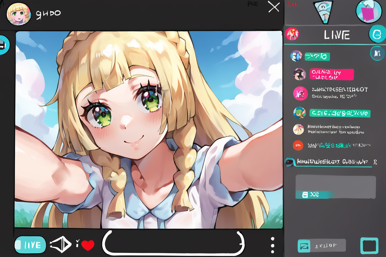 zPDXL,  <lora:Livestream_LoRa__PonyXL:1>, 1girl, livestream, user interface, lillie (pokemon), selfie, full body,