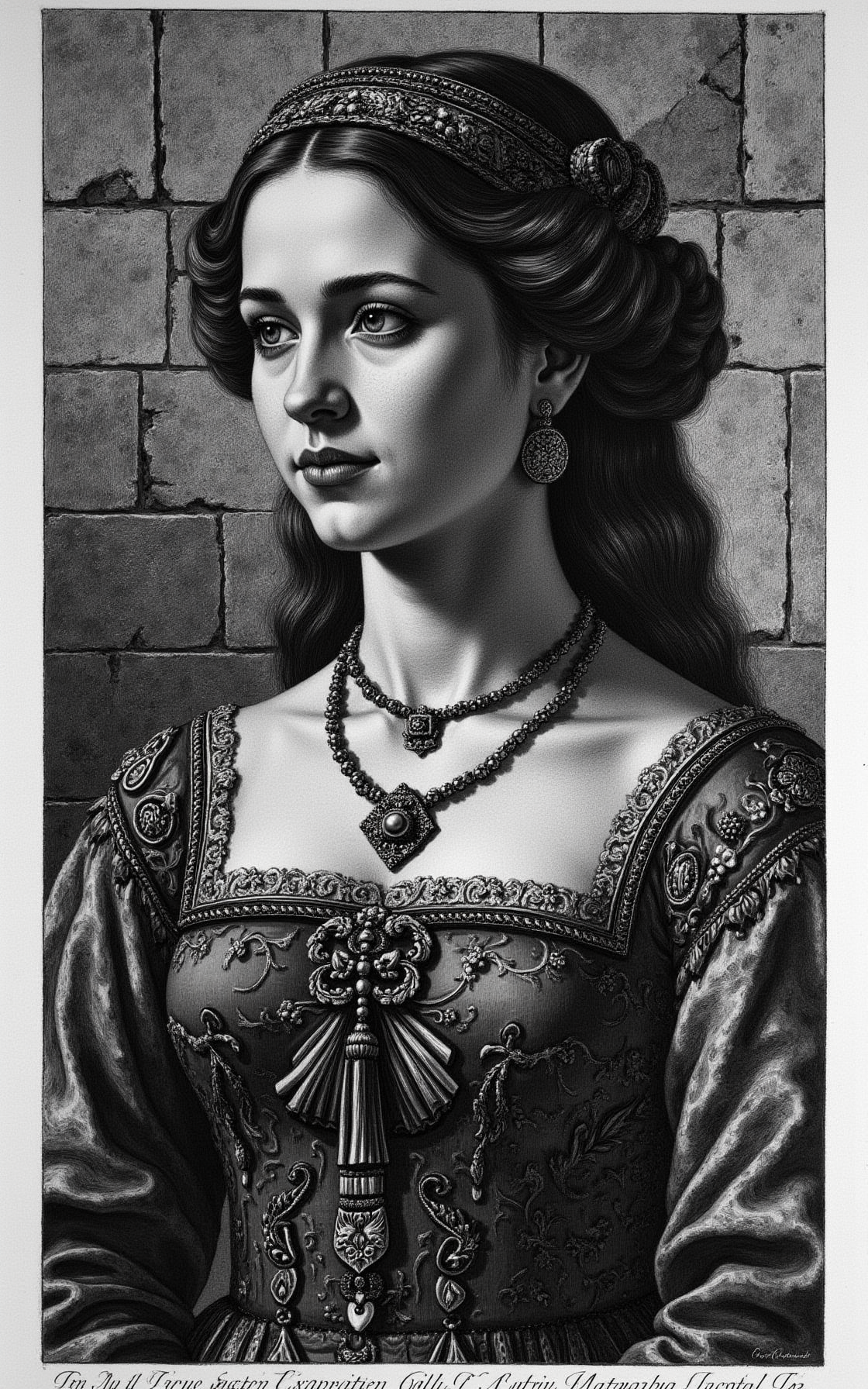 YFG-Pira, Create a detailed, high-contrast etching-style image of a young woman with intricate Renaissance-inspired clothing and accessories, set against a muted, textured background of old stone or worn wood, rendered in the manner of Giovanni Battista Piranesi's prison etchings but focusing on a close-up portrait, emphasizing the subject's features, hair, and skin texture.
