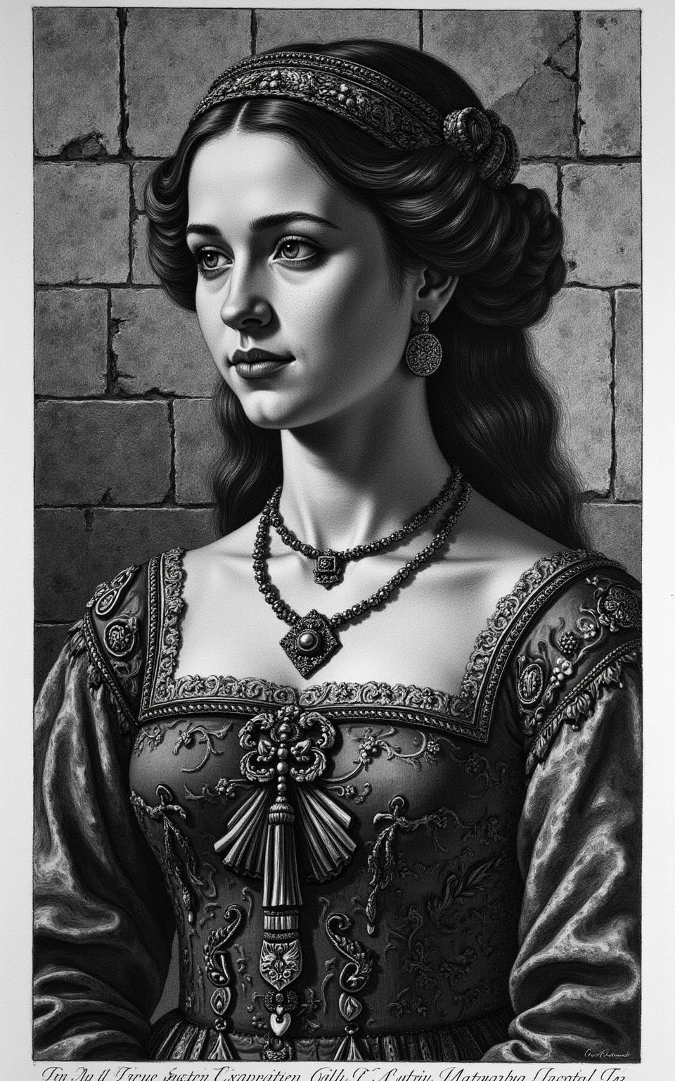 YFG-Pira, Create a detailed, high-contrast etching-style image of a young woman with intricate Renaissance-inspired clothing and accessories, set against a muted, textured background of old stone or worn wood, rendered in the manner of Giovanni Battista Piranesi's prison etchings but focusing on a close-up portrait, emphasizing the subject's features, hair, and skin texture.