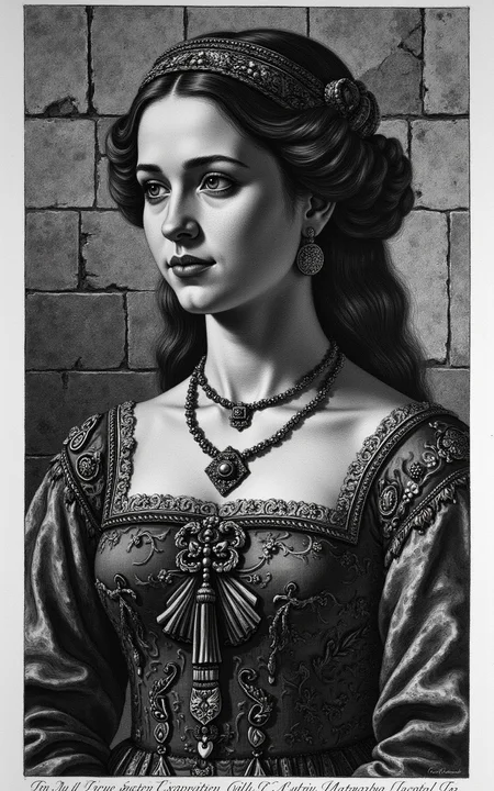 YFG-Pira, Create a detailed, high-contrast etching-style image of a young woman with intricate Renaissance-inspired clothing and accessories, set against a muted, textured background of old stone or worn wood, rendered in the manner of Giovanni Battista Piranesi's prison etchings but focusing on a close-up portrait, emphasizing the subject's features, hair, and skin texture.