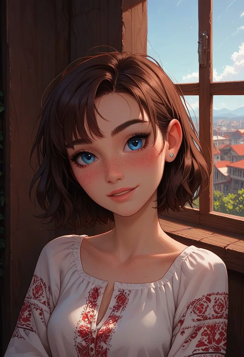 score_9, score_8_up, score_7_up, score_6_up,
1girl, 25 years old, perfect face, cute, petite, looking at viewer,
blue eyes, freckles,
ukrainian female, Vyshyvanka, Ukrainian embroidered shirt, embroidered shirt, modern bedroom, big windows, city view,
blush, shy smile,
portrait, face focus, detailed face,