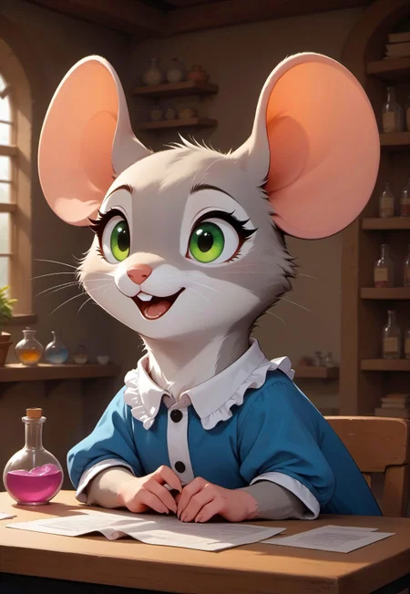 score_9, score_8_up, score_7_up, score_6_up, score_5_up, score_4_up, 
[][][][][] 
m0use_goldie, (cute:1.2), (grey fur, green eyes), expressive, (dynamic pose),
[][][][][] 
(solo), frilly shirt, (feral:1.5), (upper body shot, head focus),  indoors, (cheerful expression), (behind desk:1.5), papers, paperwork, clutter, (side view), (holding potion bottles, shelves, bottles, potions:1.2), (open mouth:0.8), 