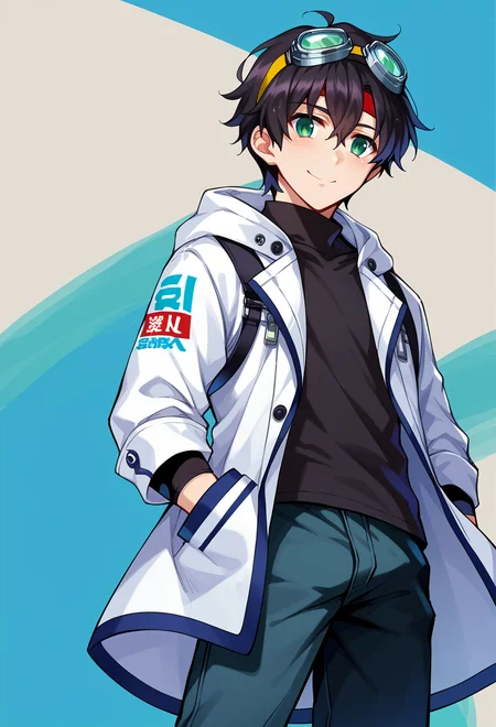 <lora:Misaki-Kurehito-Style-PonyXL:1>, score_9, score_7_up, source_anime, solo, BREAK blue theme,, smile, 1boy, green eyes, short hair, black hair, bangs, hair between eyes, messy hair, (goggles on head:1.2), headband, white coat, hooded coat, hood down, open coat, black turtleneck, capri pants, layered pants, black knee boots,