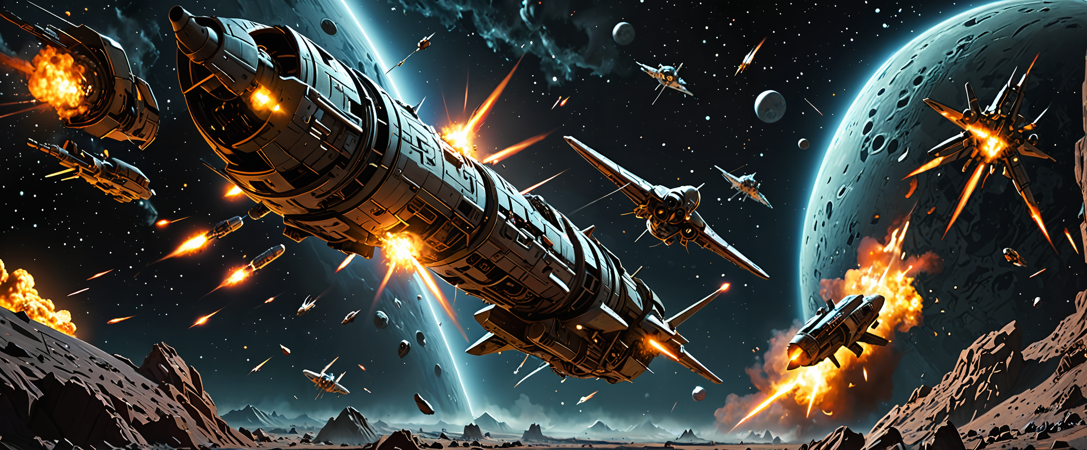 pulp fiction illustration of an epic space battle with spaceship in deep space   <lora:add-detail-xl:1>  masterpiece, 8k, illustration, cinematic lighting, epic,