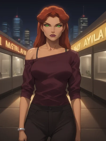 score_9, score_8_up, score_7_up, Starfire, orange skin, long hair, red hair, green eyes, green sclera, no pupils, bracelet, off shoulder, pants, bra strap, breasts, looking at viewer, city street, cityscape, night, moody lighting, flouting, suggestive pose, professional lighting, ultra realistic, close up,
<lora:Starfire-100reps:1>