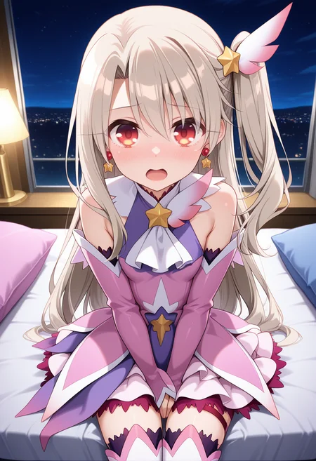 <lora:prisma_illya_zwei_form.v2:1>,illyasviel von einzbern,prisma illya,magical girl,hair ornament,red eyes,detached sleeves,star \(symbol\),earrings,jewelry,dress,one side up,skirt,pink sleeves,layered skirt,thighhighs,thigh boots,
sitting on bed,looking at viewer,shame,blush,open mouth,hotel bedroom,night,hands_on_lap,covering_crotch,
masterpiece,best quality,amazing quality,