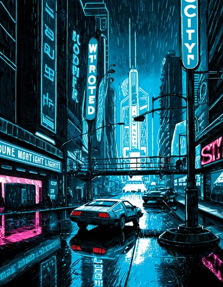 t1md0yl3, outdoors scenery, daytime, building, motor vehicle, science fiction, rain, city, car, road, cityscape, lamppost, street, city lights, cyberpunk, neon lights,
white border, matte painting \(medium\), 
<lora:tim_doyle-SDXL-v1:1>