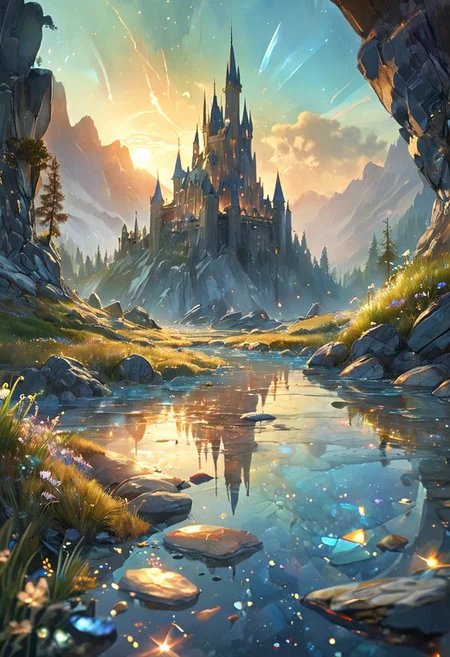 unseen landscape of a fantastical world made of labradorite, captured in 8K resolution for stunning detail, towering mountains of shimmering labradorite crystals reflecting a spectrum of blues, greens, and golds, A great castle is on the tallest mountain, the surface glistening like a celestial sky, vast plains of smooth labradorite stones scattered with iridescent flora that pulse with color, gentle rivers of liquid light flowing through the valleys, their surfaces sparkling with the vibrant hues of the stones, ethereal creatures with translucent wings flitting among the glowing plants, creating trails of shimmering light, a radiant sunset casting a warm glow over the landscape, evoking a sense of wonder and magic in this enchanting realm of crystal and color.
beautiful gorgeous digital art,style of greg rutkowski,janek sedlar,jenny saville:0]