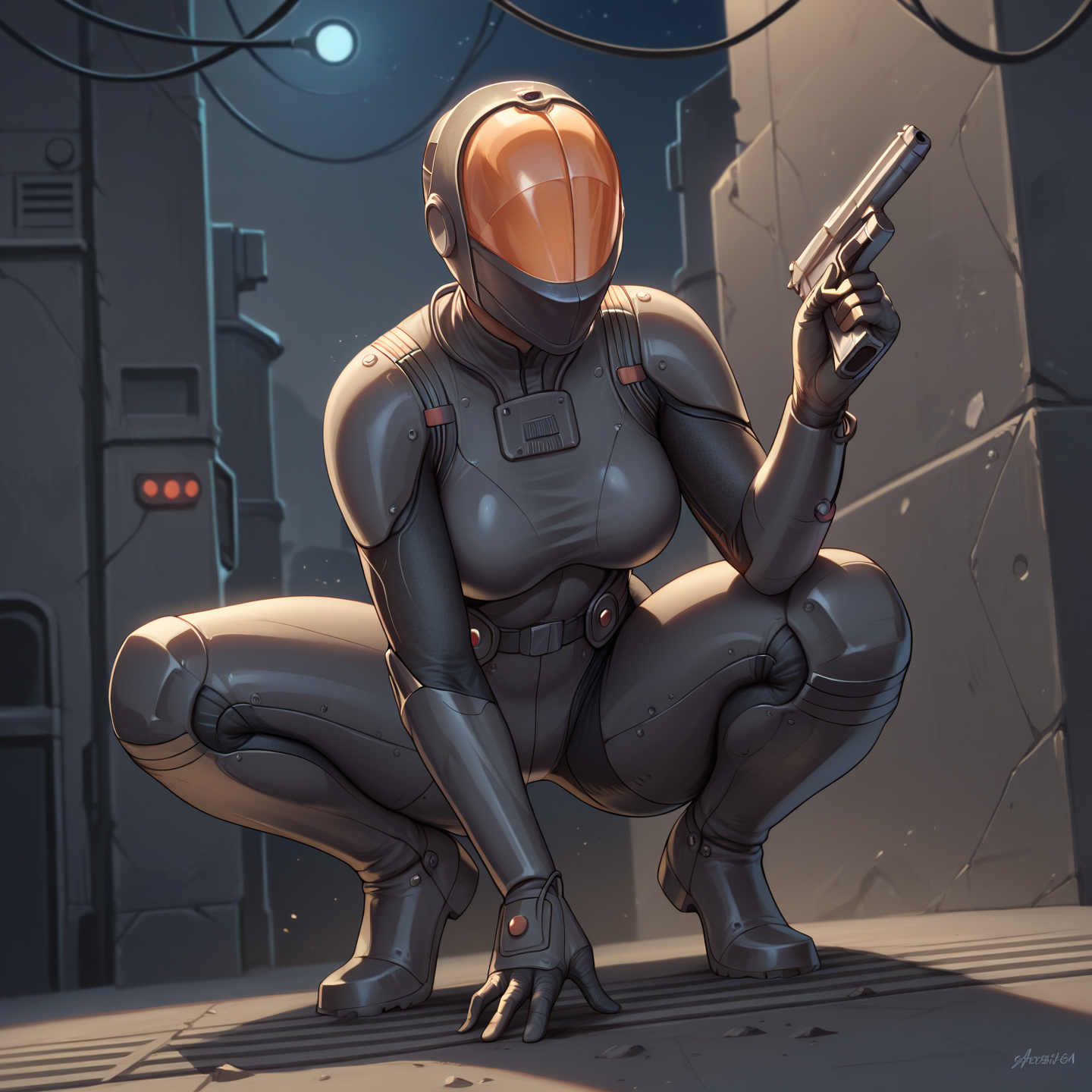 score_9, score_8_up, score_7_up, score_6_up, chinese stealth suit, (1girl, solo:1.3), armor, faceless, helmet, bodysuit, science fiction, skin tight, standing, pose, night, moonlight, (fully clothed, full armor, tight clothing:1.2), stealth, stealth suit, detailed background, outside, concrete, front view, from front, gun, holding gun, holding handgun, holding pistol, action pose, pose, crouching, sneaking, sneaking suit, 
 <lora:chinese-stealth-suit_pdxl_:0.8>