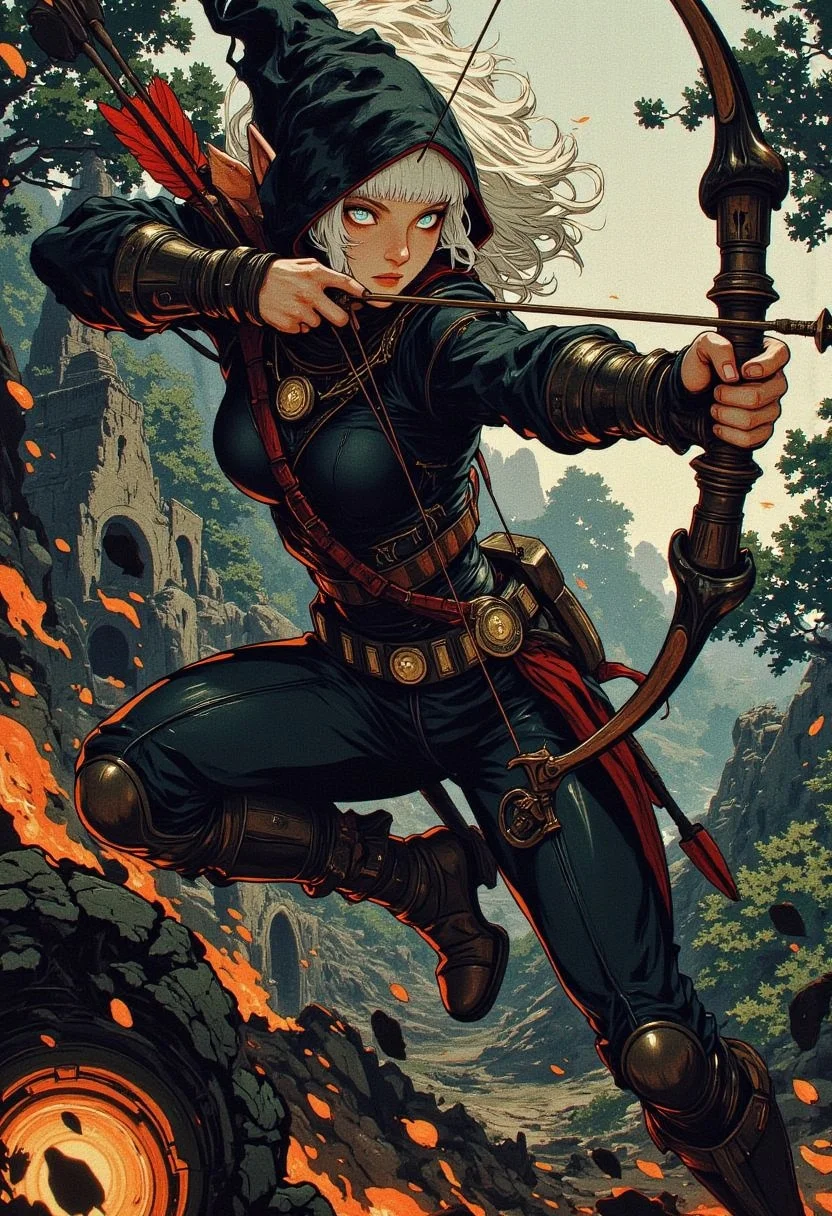 (Cinematic fantasy, dynamic action shot, dramatic lighting, painterly texture) — An agile elven archer, her sharp, elongated ears peeking from beneath a simple black hood, moves with effortless precision, mid-motion as she leaps through the air. Her sleek, form-fitting dark attire flows with her momentum, fabric creases catching the dim light. One leg is bent at the knee, the other stretched out for balance, her torso twisting back slightly to accommodate the pull of her bowstring.
Her fingers expertly grip a finely crafted recurve bow, the limbs adorned
the arrow nocked and drawn to full tension, its tip glinting in the ambient light. Her intense, piercing eyes lock onto a distant target, expression unwavering in focus.
The background is a blurred, hints of ancient ruins, dense forest, emphasizing the archer’s fluid speed and agility. The cinematic shot is taken from a slightly low angle, capturing her mid-leap with a strong diagonal framing, making the scene feel exhilarating and weightless. The color palette contrasts muted grays and blacks with subtle ethereal highlights,