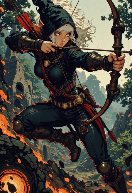 (Cinematic fantasy, dynamic action shot, dramatic lighting, painterly texture) — An agile elven archer, her sharp, elongated ears peeking from beneath a simple black hood, moves with effortless precision, mid-motion as she leaps through the air. Her sleek, form-fitting dark attire flows with her momentum, fabric creases catching the dim light. One leg is bent at the knee, the other stretched out for balance, her torso twisting back slightly to accommodate the pull of her bowstring.
Her fingers expertly grip a finely crafted recurve bow, the limbs adorned
the arrow nocked and drawn to full tension, its tip glinting in the ambient light. Her intense, piercing eyes lock onto a distant target, expression unwavering in focus.
The background is a blurred, hints of ancient ruins, dense forest, emphasizing the archer’s fluid speed and agility. The cinematic shot is taken from a slightly low angle, capturing her mid-leap with a strong diagonal framing, making the scene feel exhilarating and weightless. The color palette contrasts muted grays and blacks with subtle ethereal highlights,