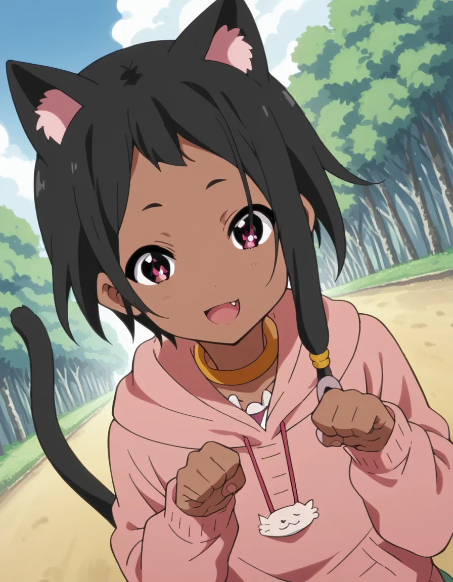 score_9, score_8_up, score_7_up, source_anime, <lora:choi-mochimazzi-s1-ponyxl-lora-nochekaiser:1>, choi mochimazzi, short hair, black hair, dark skin, dark-skinned female, pink eyes, sidelocks, jewelry, hoodie, pink hoodie, skirt,, bike ride, countryside, dirt road, trees, afternoon sun, peaceful, alone, smile, <lora:paw-pose-ponyxl-lora-nochekaiser:1>, paw pose, cat ears, cat tail, animal ears, tail, cat girl, open mouth, fang, whiskers,, looking at viewer, solo,, dutch angle, cowboy shot