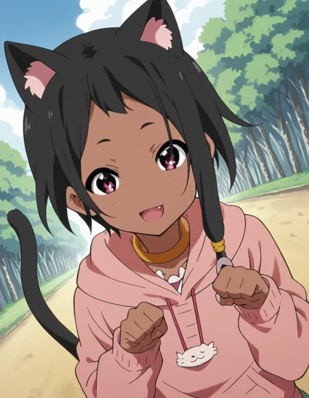 score_9, score_8_up, score_7_up, source_anime, <lora:choi-mochimazzi-s1-ponyxl-lora-nochekaiser:1>, choi mochimazzi, short hair, black hair, dark skin, dark-skinned female, pink eyes, sidelocks, jewelry, hoodie, pink hoodie, skirt,, bike ride, countryside, dirt road, trees, afternoon sun, peaceful, alone, smile, <lora:paw-pose-ponyxl-lora-nochekaiser:1>, paw pose, cat ears, cat tail, animal ears, tail, cat girl, open mouth, fang, whiskers,, looking at viewer, solo,, dutch angle, cowboy shot