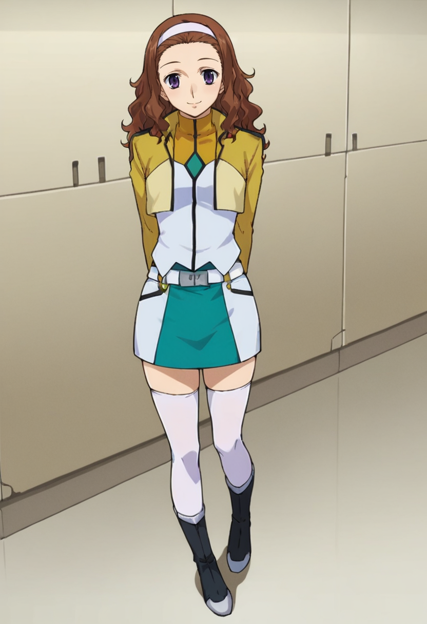 score_9,score_8_up,score_7_up,anime coloring BREAK source_anime,anime,<lora:Mileina_Vashti_Gundam_00_Pony:0.7>,mileina,1girl,solo,purple eyes,brown hair,long hair,wavy hair,hairband,cb uniform,cropped jacket,white gloves,belt,green skirt,miniskirt,white thighhighs,black boots,smile,standing,arms_behind_back,indoors,looking_at_viewer,