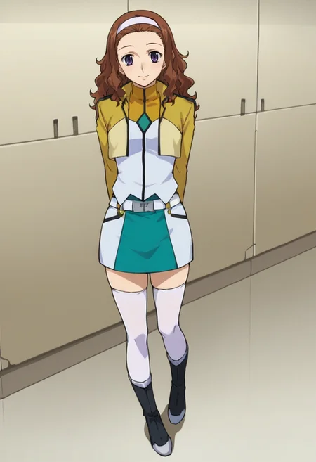 score_9,score_8_up,score_7_up,anime coloring BREAK source_anime,anime,<lora:Mileina_Vashti_Gundam_00_Pony:0.7>,mileina,1girl,solo,purple eyes,brown hair,long hair,wavy hair,hairband,cb uniform,cropped jacket,white gloves,belt,green skirt,miniskirt,white thighhighs,black boots,smile,standing,arms_behind_back,indoors,looking_at_viewer,