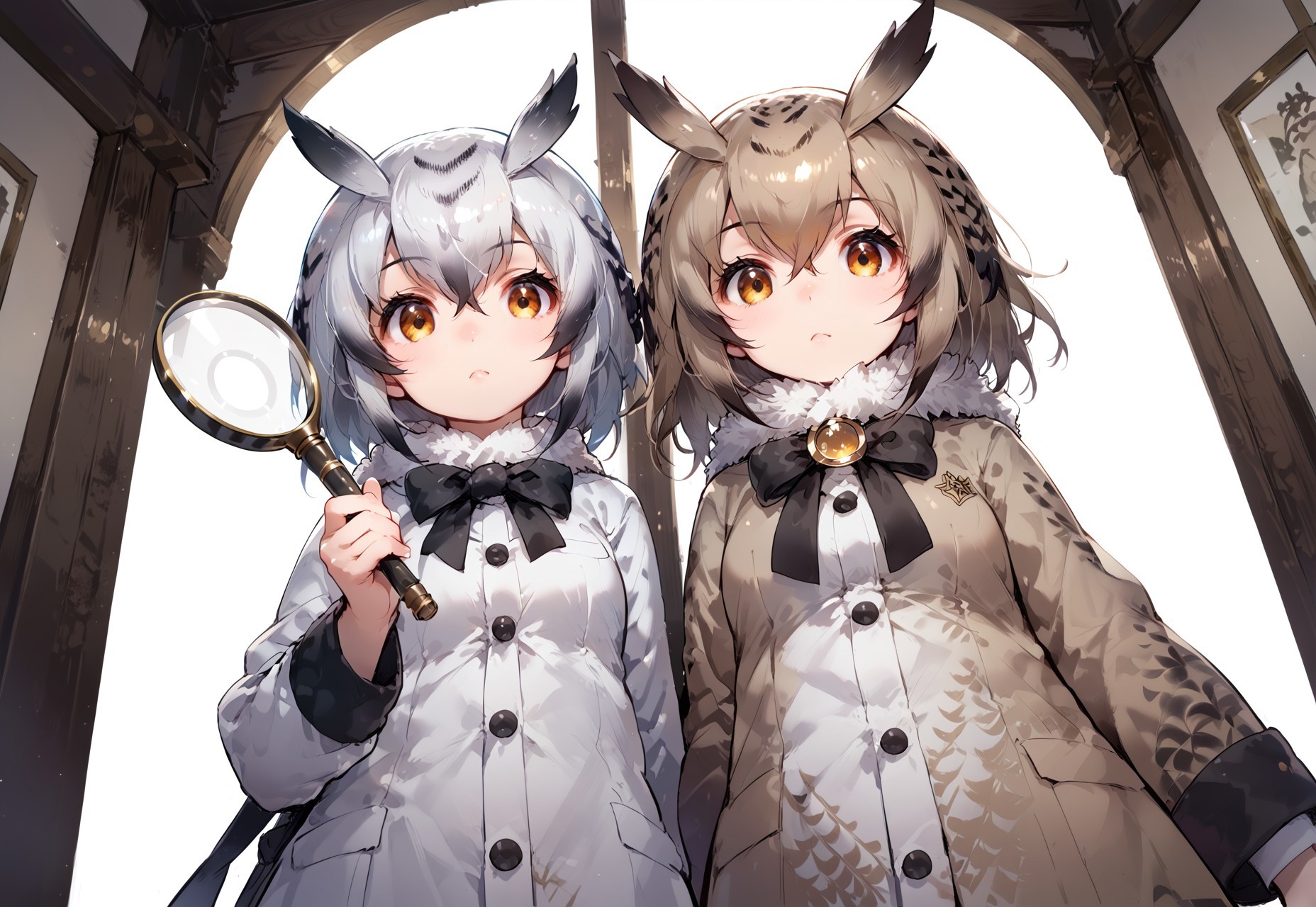 safe_pos, score_9, score_8_up, score_7_up, source_anime, 2girls,(ultra HD quality details), anime, owl girl, northern white-faced owl \(kemono friends\), eurasian eagle owl \(kemono friends\), detective, cute owl girl detective, holding magnifying glass, ((looking through magnifying glass)), looking down at viewer, view from below, from below, very sceptical, raised eyebrow, (detailed image, high resolution, 5k resolution:1.0), dynamic angle, XUER guangying, northern white-faced owl \(kemono friends\), perfect hands