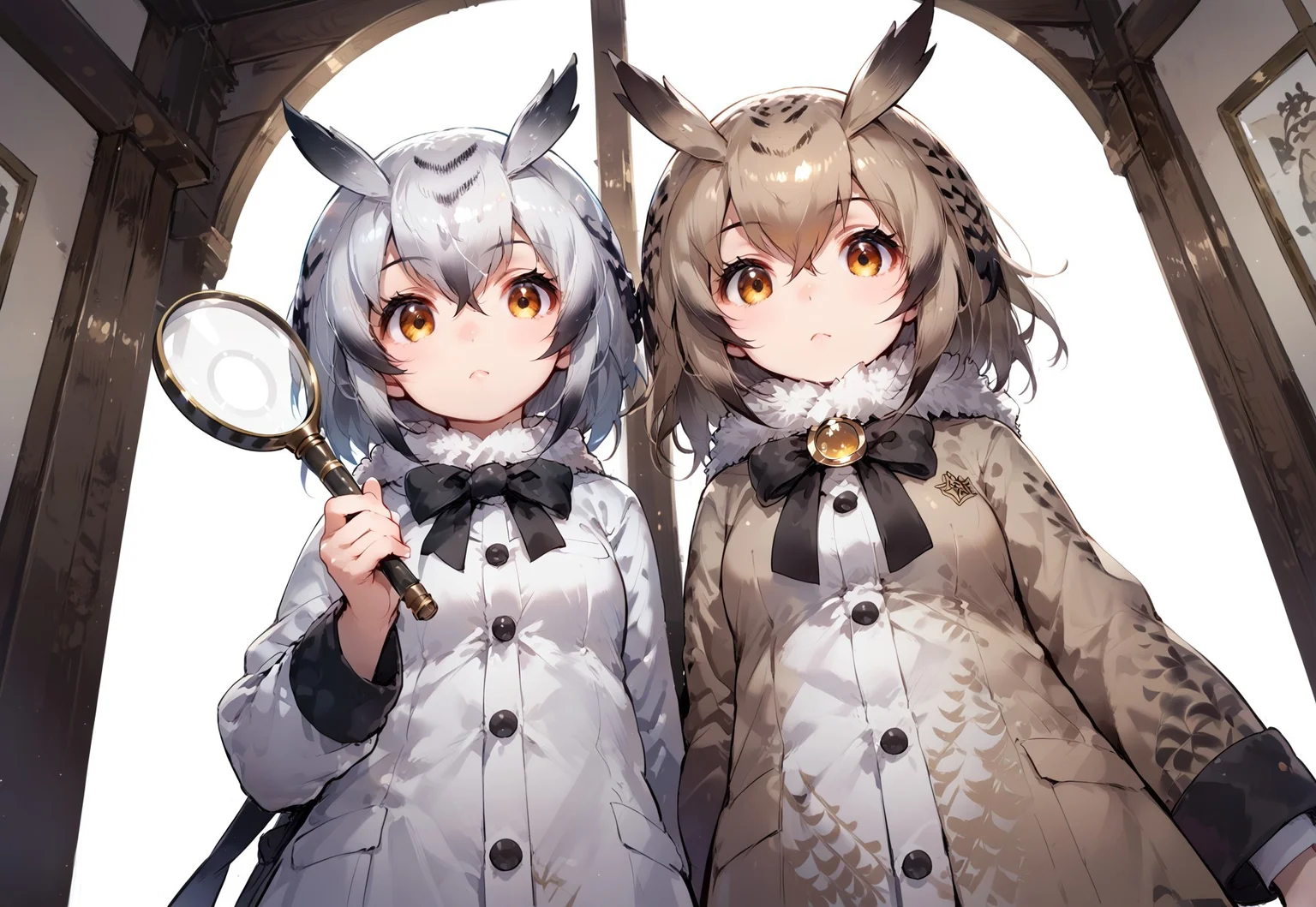 safe_pos, score_9, score_8_up, score_7_up, source_anime, 2girls,(ultra HD quality details), anime, owl girl, northern white-faced owl \(kemono friends\), eurasian eagle owl \(kemono friends\), detective, cute owl girl detective, holding magnifying glass, ((looking through magnifying glass)), looking down at viewer, view from below, from below, very sceptical, raised eyebrow, (detailed image, high resolution, 5k resolution:1.0), dynamic angle, XUER guangying, northern white-faced owl \(kemono friends\), perfect hands