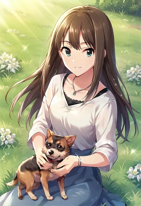 score_9, score_8_up, score_7_up, source_anime,shibuya rin, long hair, brown hair, green eyes, 1girl, jewelry, solo, bracelet, outdoors, grass, dog, shirt, smile, necklace
