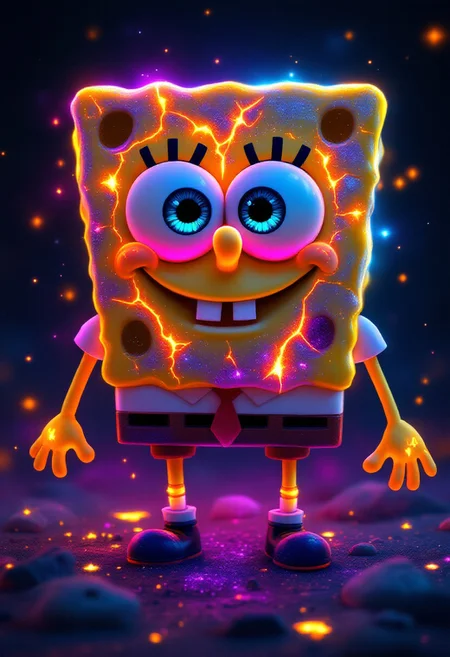 glowing galaxy cracks, A cute, glowing version of SpongeBob SquarePants, designed with irresistible, large eyes. His body appears to be cracking like a molten volcano, with cracks glowing in bright, galaxy-like colors—shades of deep purple, blue, and bright orange. The glow emanates from within the cracks, giving an ethereal and mesmerizing effect, as if SpongeBob is infused with cosmic energy. The background is dark, making the glow and molten effect stand out, and small, floating star-like particles surround him, enhancing the galaxy and volcanic theme. The scene blends cuteness with a cosmic, otherworldly vibe
