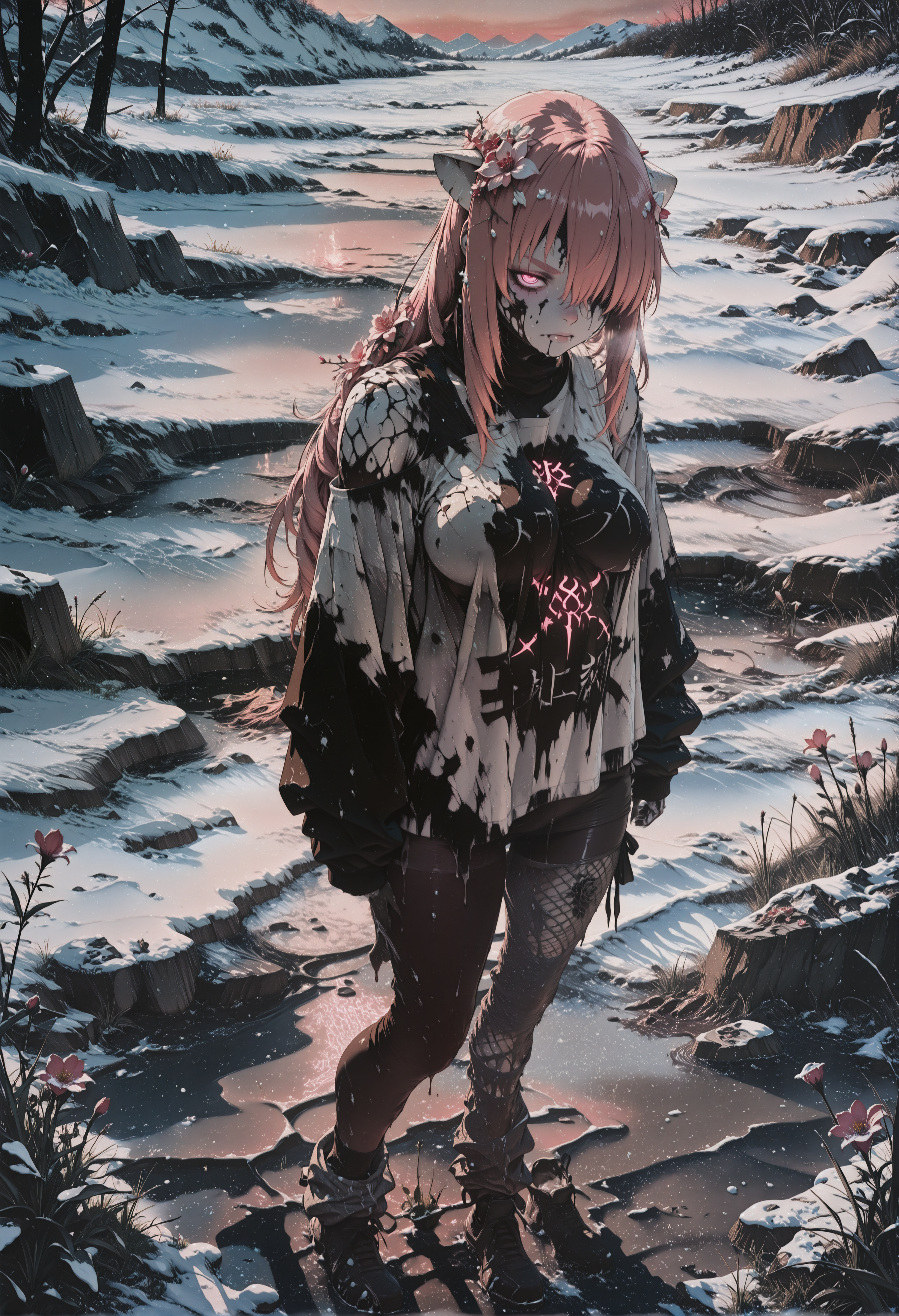 rating_explicit, nsfw, masterpiece, best quality, amazing quality, breathtaking attention to detail, 8K, absurdres, highres, ultra detail, high contrast, letitbrn, shindol, S4bit4mago_illu, re4lity_sync_illu, aidmaMJ6.1, Sinozick_illu,gradient,spot color, BREAK, 1girl, kaede, long hair, pink hair, horns, pink eyes, hair over one eye, mature female, breasts, shadows, twilight, snow, mud, water, light red background, flowers in hair, drill_hair, Split dyed hair, looking at viewer, thick eyebrows, floral tattoo, pantyhose, socks pale skin, marble skin, disintegration skin, amputee, (solo:1.6), ornate print, spandex printed jumper shirt, mesh Feathered Wrap pants, baggy clothes, oversized clothes, off shoulder, dynamic pose, (solo:1.2), flowers, wildflower field, grass, glowing runes, stone decorated floor, 