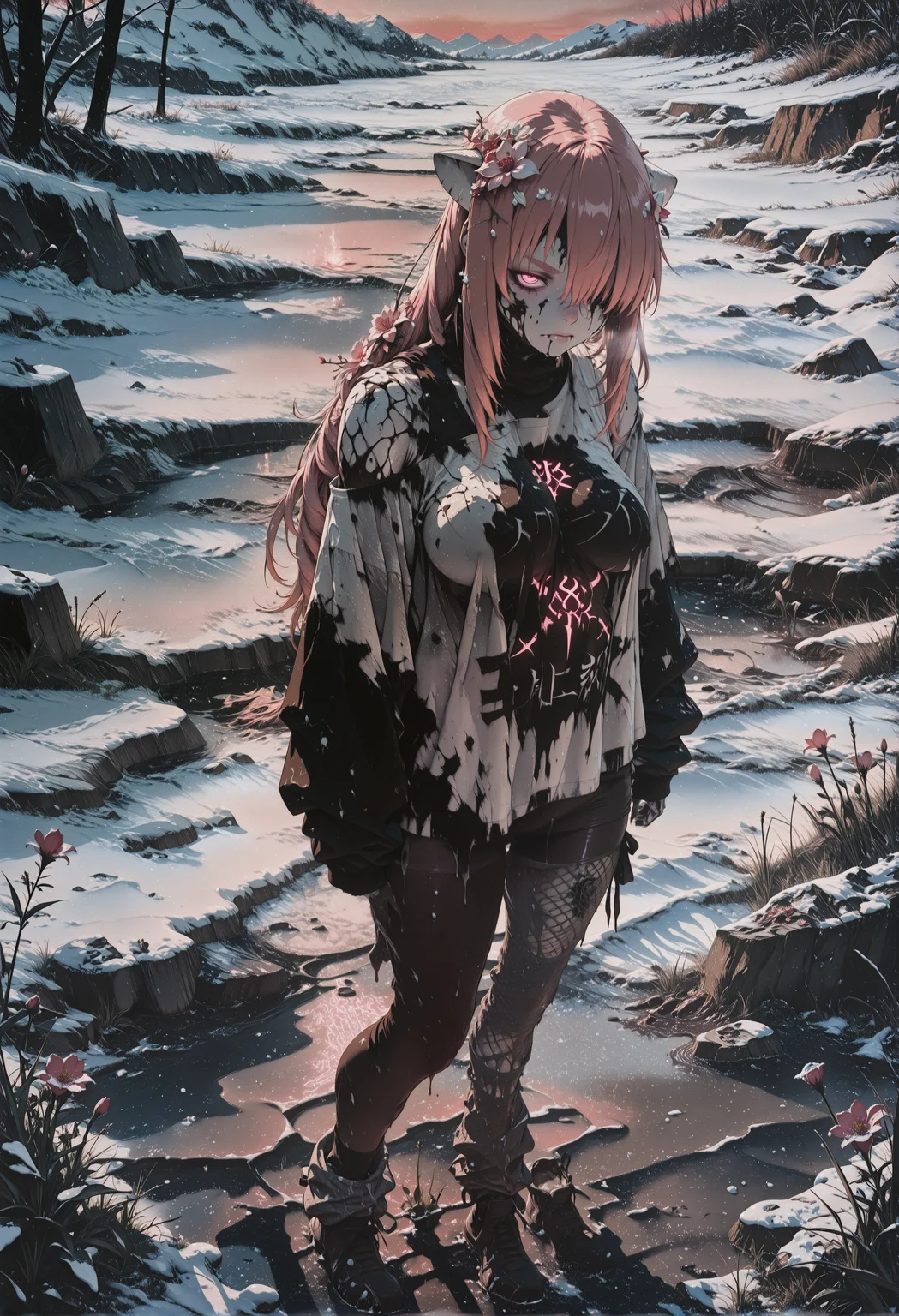 rating_explicit, nsfw, masterpiece, best quality, amazing quality, breathtaking attention to detail, 8K, absurdres, highres, ultra detail, high contrast, letitbrn, shindol, S4bit4mago_illu, re4lity_sync_illu, aidmaMJ6.1, Sinozick_illu,gradient,spot color, BREAK, 1girl, kaede, long hair, pink hair, horns, pink eyes, hair over one eye, mature female, breasts, shadows, twilight, snow, mud, water, light red background, flowers in hair, drill_hair, Split dyed hair, looking at viewer, thick eyebrows, floral tattoo, pantyhose, socks pale skin, marble skin, disintegration skin, amputee, (solo:1.6), ornate print, spandex printed jumper shirt, mesh Feathered Wrap pants, baggy clothes, oversized clothes, off shoulder, dynamic pose, (solo:1.2), flowers, wildflower field, grass, glowing runes, stone decorated floor, 