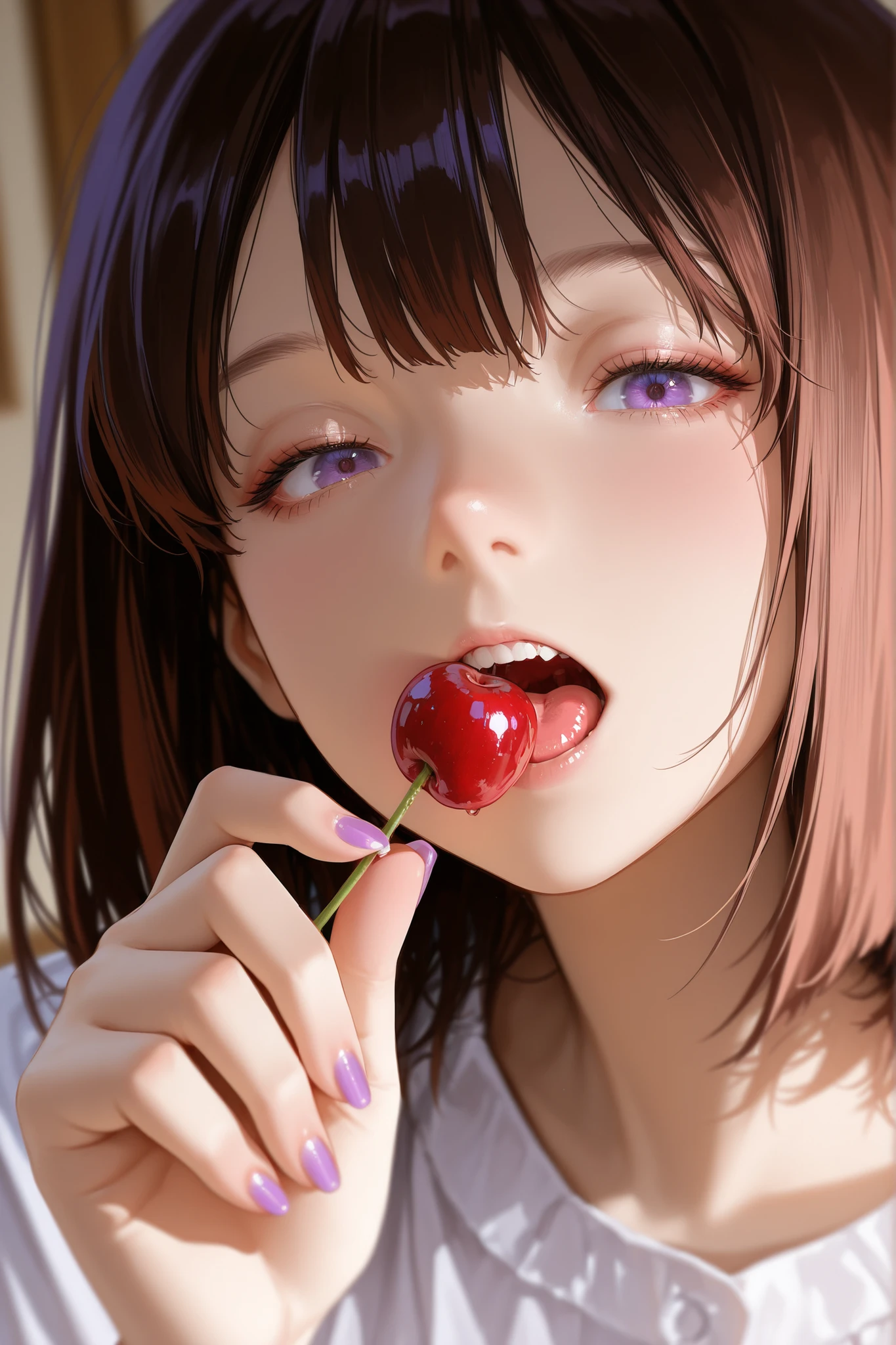 an artistic anime drawing depicts a woman biting  cherry, holding cherry, 1girl, food, solo, open mouth, fruit, nails, nail polish, purple eyes, holding, holding food, looking at viewer, brown hair, ((Best Quality)) (masterpiece) (details),
anime-style, Art8st, masterpiece, best quality, highly detailed, anime style, color theory, anime-art, depth of field, semi-realistic, hyperdetailed anime, 