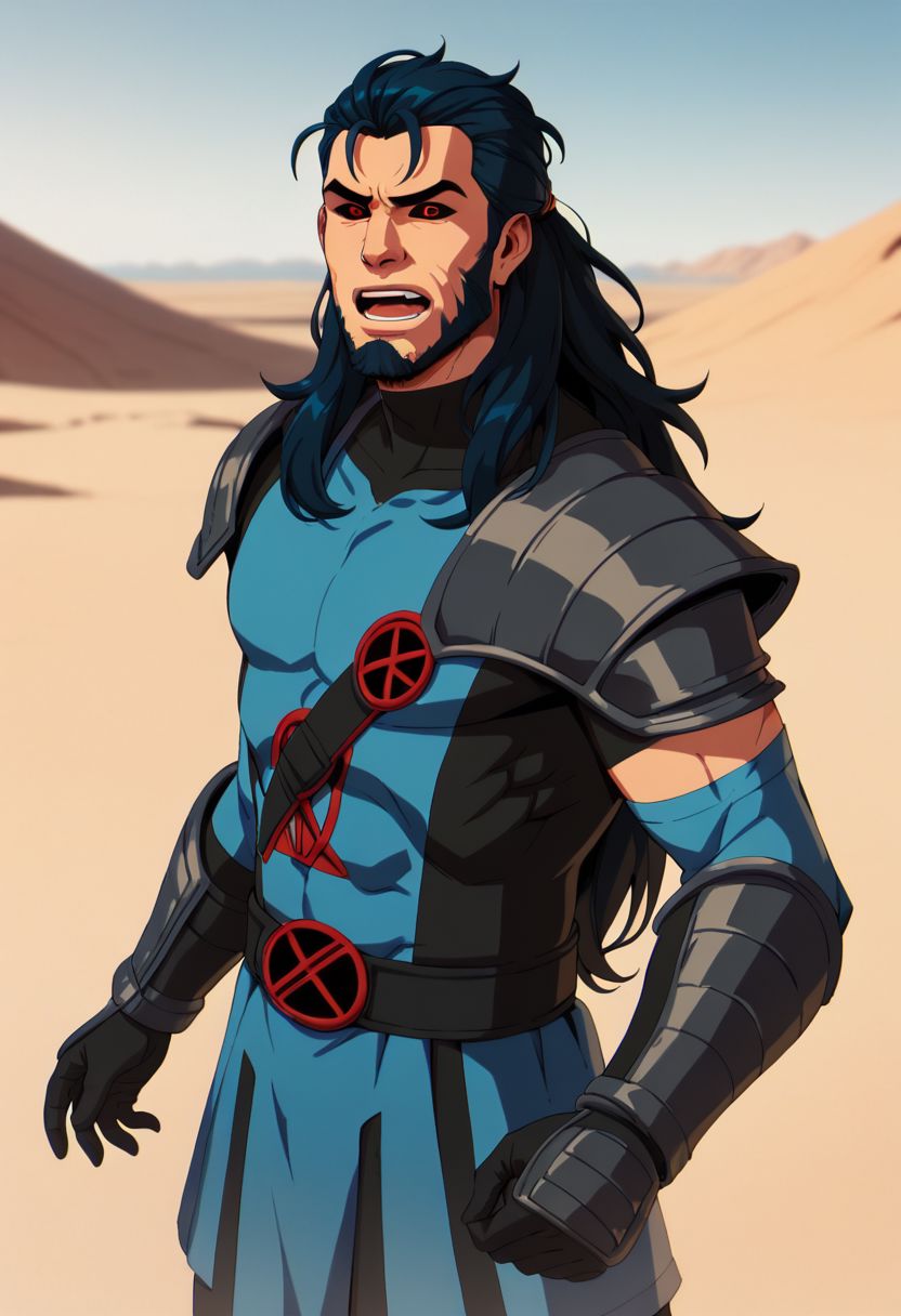 xmen97 style, 1boy, male focus, red eyes, solo, desert, open mouth, facial hair, black hair, blue hair, colored sclera, looking at viewer, long hair, black sclera, armor, anime coloring, flat color, cel shading, cel shaded, 2d, PonyXLV6_Scores zPDXL
