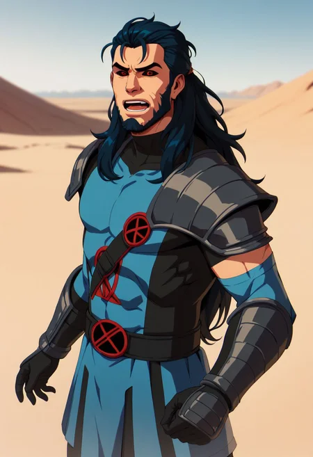 xmen97 style, 1boy, male focus, red eyes, solo, desert, open mouth, facial hair, black hair, blue hair, colored sclera, looking at viewer, long hair, black sclera, armor, anime coloring, flat color, cel shading, cel shaded, 2d, PonyXLV6_Scores zPDXL