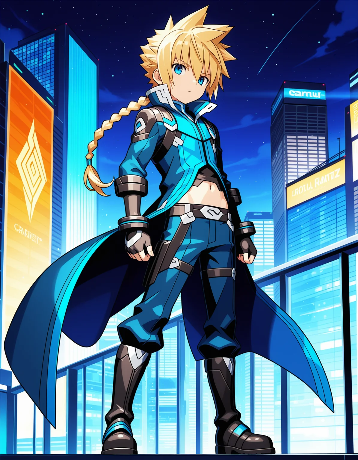 masterpiece,best quality,amazing quality,official art
BREAK
gunvolt,1boy,solo,blonde hair,long hair,braided ponytail,spiked hair,single braids,blue eyes,
coat,long coat,navel,pants,gloves,fingerless gloves, boots,science fiction,city,night
BREAK
<lora:gunvolt_ill:1>