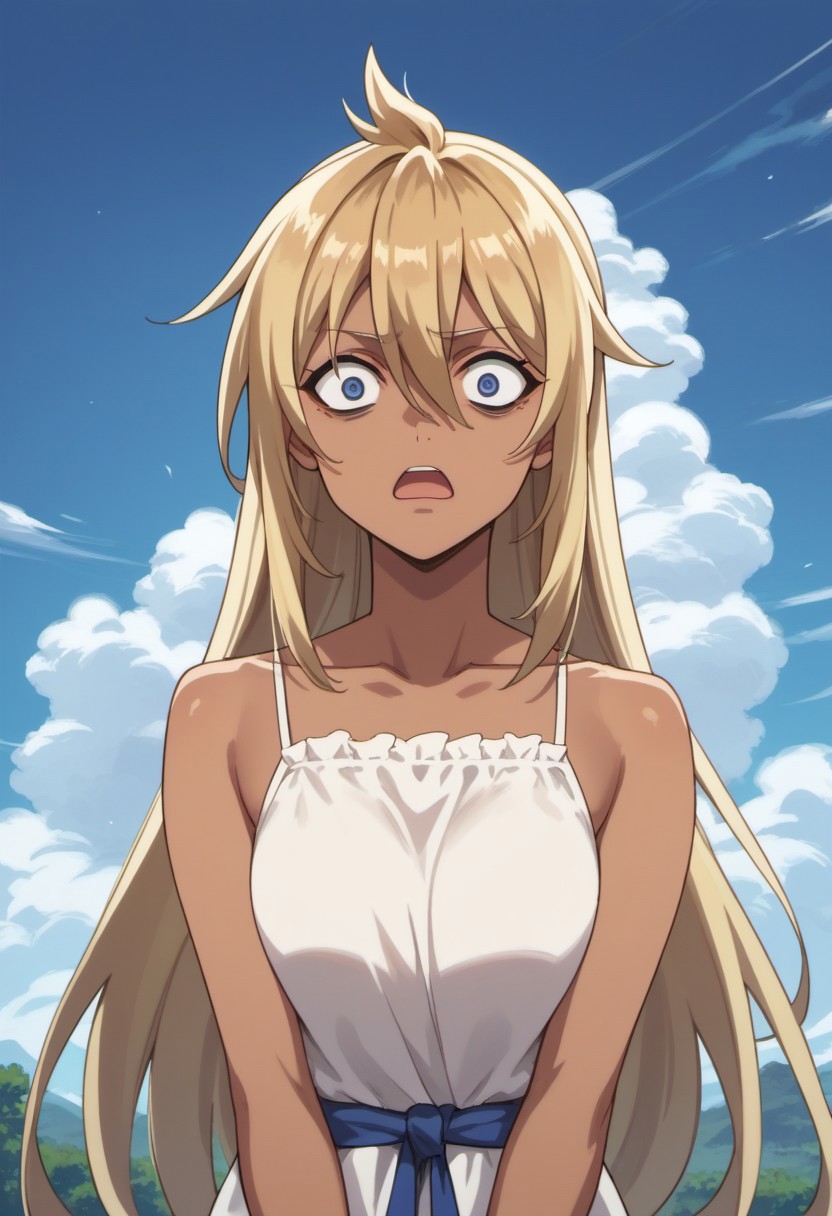 score_9, score_8_up, score_7_up, source_anime, bertrand, long hair, dark skin, dark-skinned female, blonde hair, blue eyes, 1girl, solo, open mouth, outdoors, hair between eyes, cloud, wide-eyed, bare shoulders, sky, looking at viewer, constricted pupils