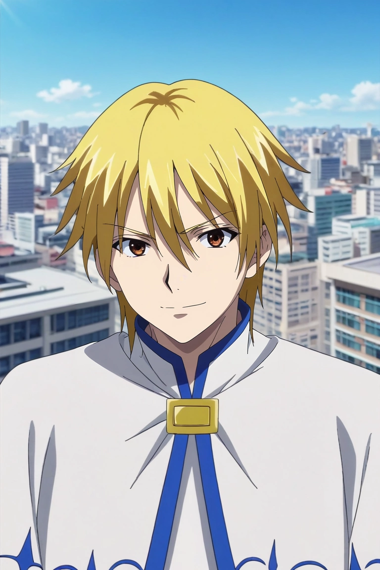 score_9, score_8_up, score_7_up, , rating_safe, , anime screencap, anime coloring, official style, looking at viewer, , 1boy, solo, male focus, <lora:keita_torii_pony:0.92>, keita_torii, blonde hair, brown eyes, upper body, rooftop, tokyo \(city\), building, skyscraper, noon, victory pose, light smile, clown costume, <lora:sdxl_lightning_8step_lora:1>