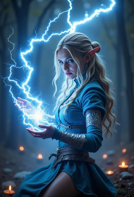 spellc001, elven girl casting a lightning from her hand
