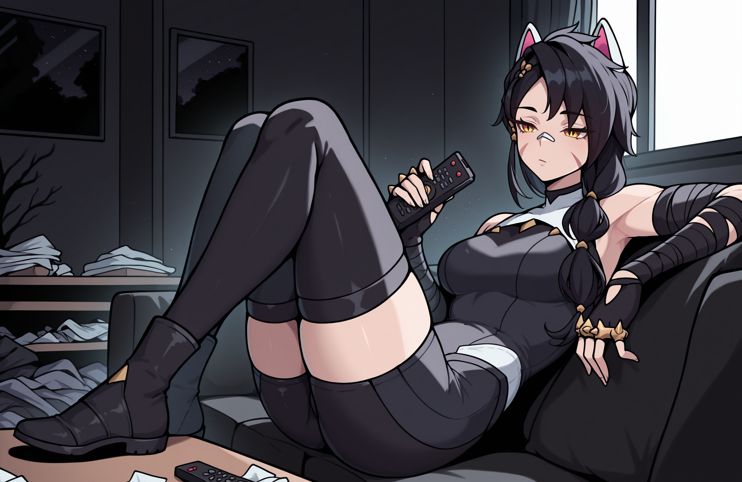 masterpiece, high quality, best quality, newest, 1girl, solo, erisafn, slit pupils, yellow eyes, scar on face, long hair, bandaid on nose, braid, black hair, white animal ears, fingerless gloves, brass knuckles, black bandages, black bodysuit, shorts, bare shoulders, thighhighs, black boots, reclining, living room, couch, sitting, holding remote control, bored, table, feet on table, at night, darkness, black theme, sidelighting, window, messy room,    <lora:ErisaFNIlluV1-000006:1>