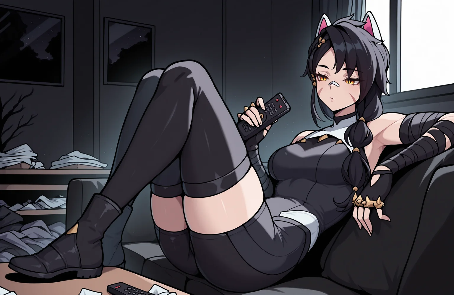 masterpiece, high quality, best quality, newest, 1girl, solo, erisafn, slit pupils, yellow eyes, scar on face, long hair, bandaid on nose, braid, black hair, white animal ears, fingerless gloves, brass knuckles, black bandages, black bodysuit, shorts, bare shoulders, thighhighs, black boots, reclining, living room, couch, sitting, holding remote control, bored, table, feet on table, at night, darkness, black theme, sidelighting, window, messy room, <lora:ErisaFNIlluV1-000006:1>
