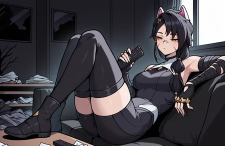 masterpiece, high quality, best quality, newest, 1girl, solo, erisafn, slit pupils, yellow eyes, scar on face, long hair, bandaid on nose, braid, black hair, white animal ears, fingerless gloves, brass knuckles, black bandages, black bodysuit, shorts, bare shoulders, thighhighs, black boots, reclining, living room, couch, sitting, holding remote control, bored, table, feet on table, at night, darkness, black theme, sidelighting, window, messy room, <lora:ErisaFNIlluV1-000006:1>