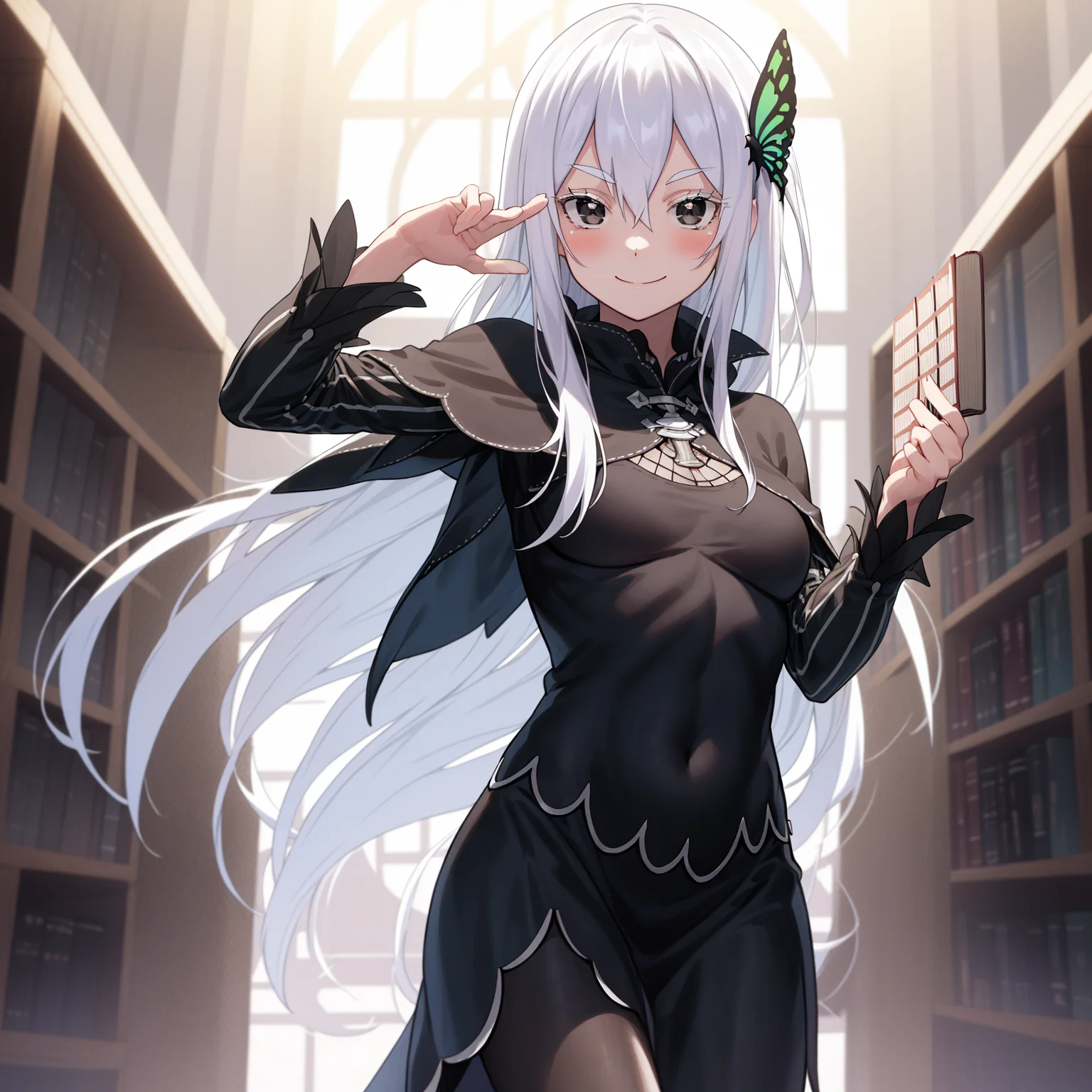 masterpiece,best quality,anime,2d,detailed eyes,
<lora:EchidnaNAI:0.9>
1girl, solo, long hair, butterfly hair ornament, smile,hair between eyes, black dress, looking at viewer, breasts, very long hair, black capelet, capelet, long sleeves, bangs, closed mouth, book, black eyes, floating hair, holding book, blush, medium breasts, library, white hair, cowboy shot, hand up, standing,colored eyelashes, white_eyelashes,white eyebrows,long dress,