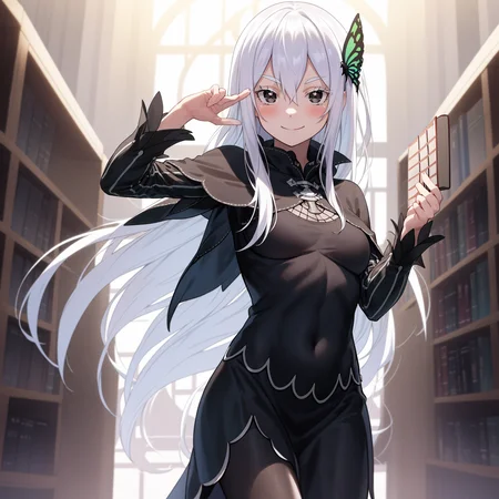 masterpiece,best quality,anime,2d,detailed eyes,
<lora:EchidnaNAI:0.9>
1girl, solo, long hair, butterfly hair ornament, smile,hair between eyes, black dress, looking at viewer, breasts, very long hair, black capelet, capelet, long sleeves, bangs, closed mouth, book, black eyes, floating hair, holding book, blush, medium breasts, library, white hair, cowboy shot, hand up, standing,colored eyelashes, white_eyelashes,white eyebrows,long dress,