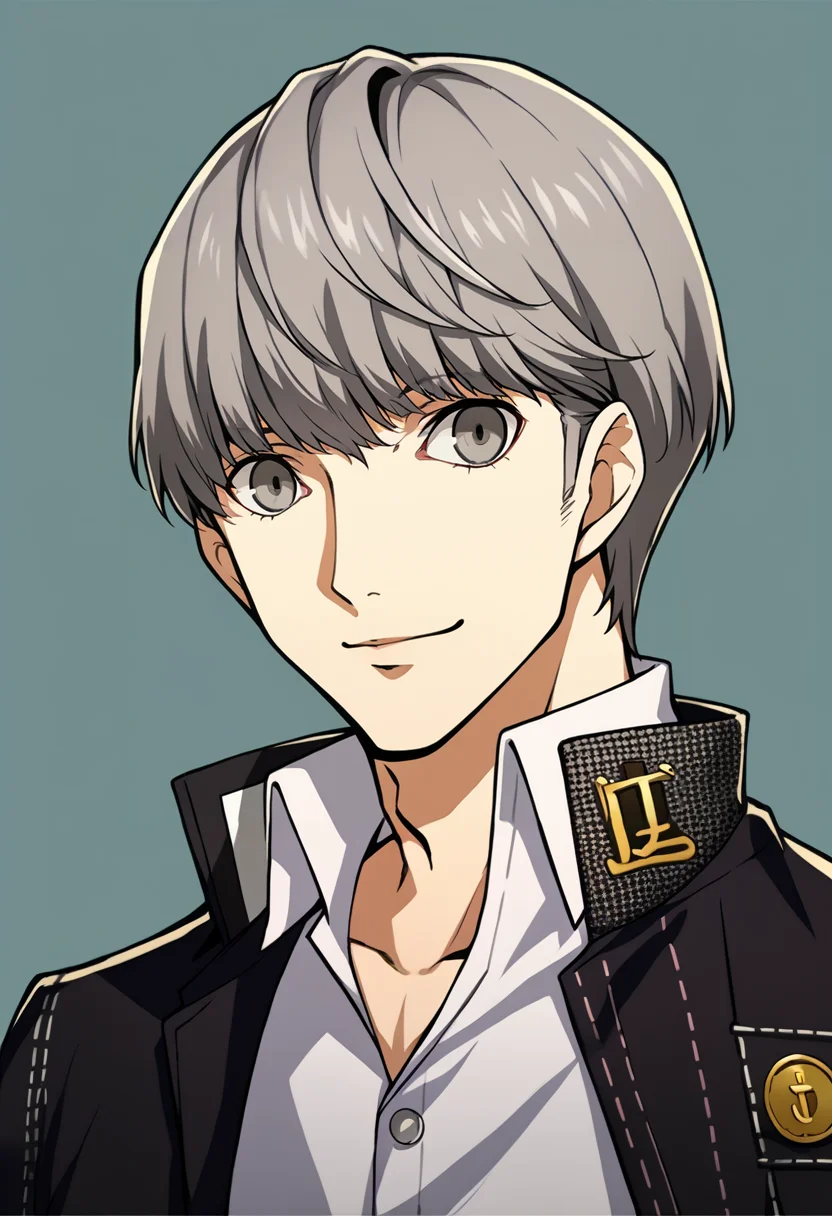 score_9, score_8_up, score_7_up, source_anime, BREAK, solo, 1boy, smile, looking at viewer, <lora:P5-Portraits-pdxl_Fp:1>, simple background, portrait, <lora:persona4_yunarukami_ponyXL:1>, narukami yu, grey hair, grey eyes, school uniform, black jacket, open jacket, long sleeves, white shirt, collared shirt,