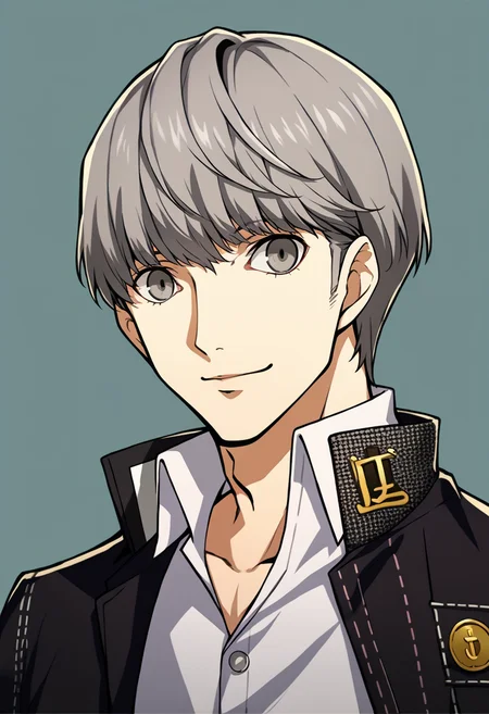 score_9, score_8_up, score_7_up, source_anime, BREAK, solo, 1boy, smile, looking at viewer, <lora:P5-Portraits-pdxl_Fp:1>, simple background, portrait, <lora:persona4_yunarukami_ponyXL:1>, narukami yu, grey hair, grey eyes, school uniform, black jacket, open jacket, long sleeves, white shirt, collared shirt,