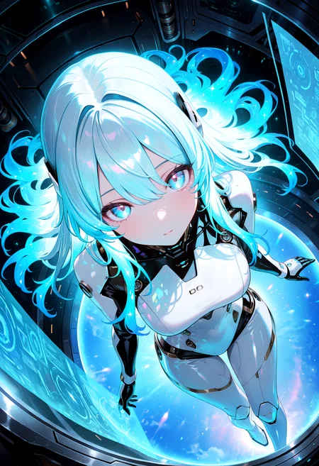 lazypos, science fiction, 1girl, android, holographic interface, glitter, light particles, faint lighting, glowing, ethereal, neon hair, glowing hair, long hair, looking at viewer, relaxing, from above, dynamic angle, safe, general