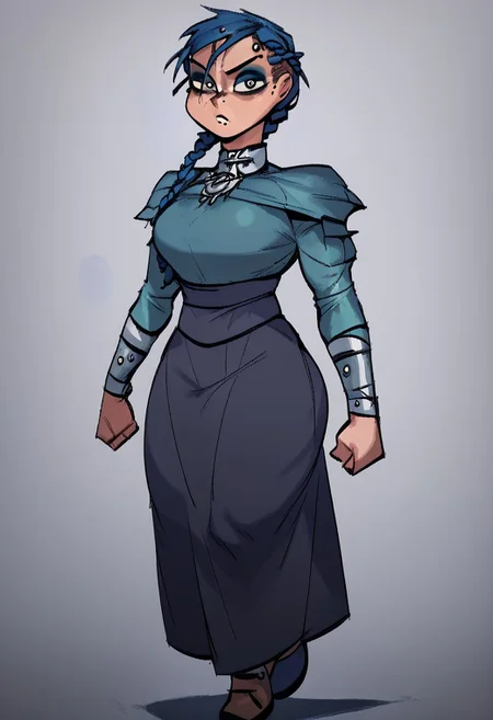 score_9, score_8_up, score_7_up, anna, solo,1girl ,breasts, braid, blue hair, long hair, braid,great shading,full body,open eyes, eyeshadow, blue eyeshadow,makeup,, eyebrow piercing, piercing, blue motosuit, walking pose, looking at viewer, gray background,