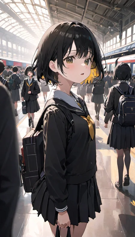 black border, dynamic angle, masterpiece, best quality, 1girl, solo focus ,school uniform, black hair, upper body, short hair, serafuku, train station, school bag, crowd, depth of field