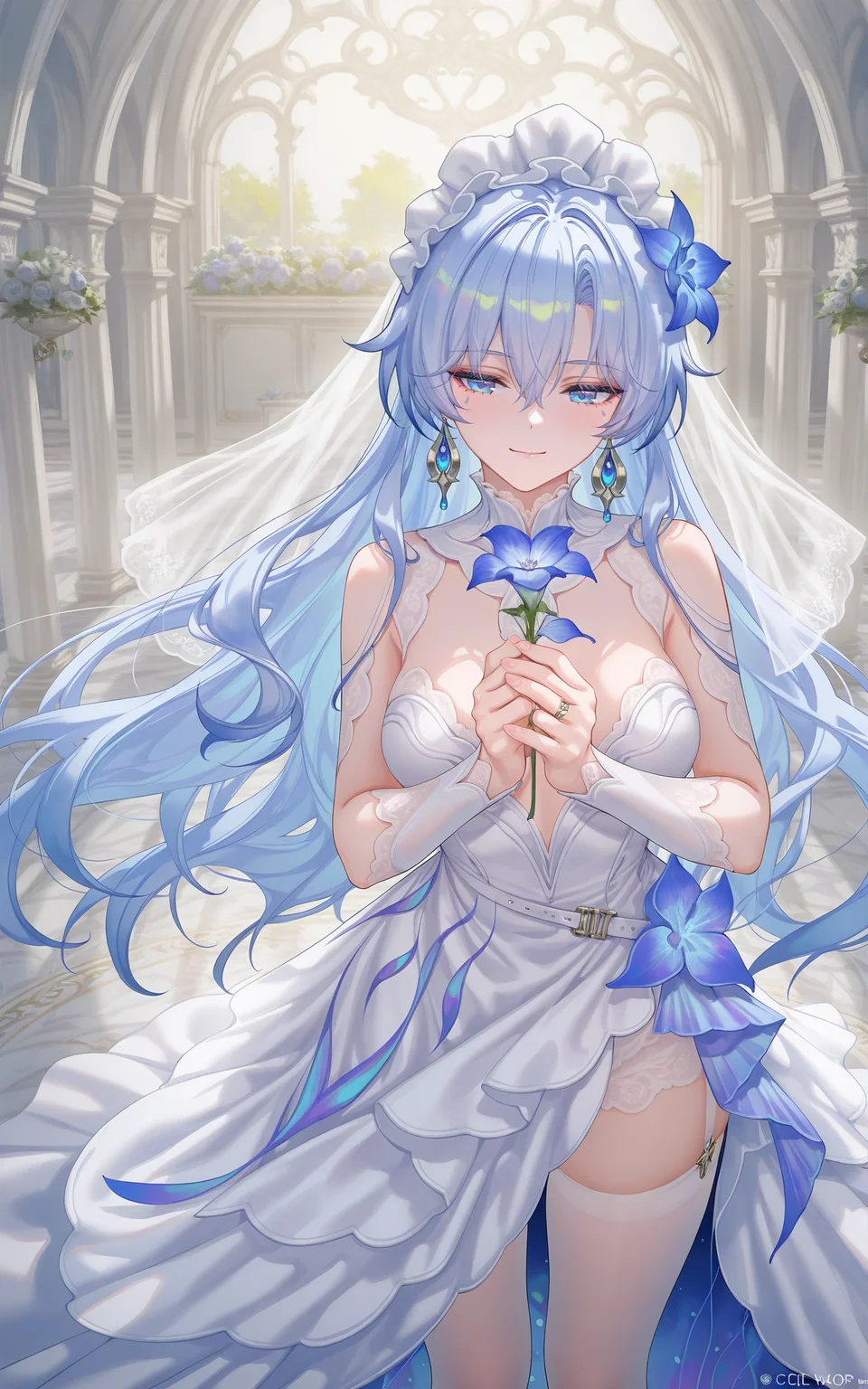 8k,best quality,masterpiece,(ultra-detailed),(high detailed skin),((artist:reoen),(artist:fuzichoco),(artist:atdan),(artist:torino_aqua),year 2024:0.8),[artist:wlop],[artist:ningen_mame],artist:ciloranko,[[artist:rhasta]],artist:tidsean,colorful,
<lora:xl-ill-cantarella(wuthering waves)-v1-000010:0.6>,cantarella\(wuthering waves\),1girl,solo,blue eyes,long hair,jewelry,earrings,closed mouth,blue hair,smile,hair between eyes,maid headdress,
breasts,blush,bangs,Wedding Flower Wedding,Holding Flowers in Hand,Wedding Dress,Flower Wedding,white stockings,turn sideways,