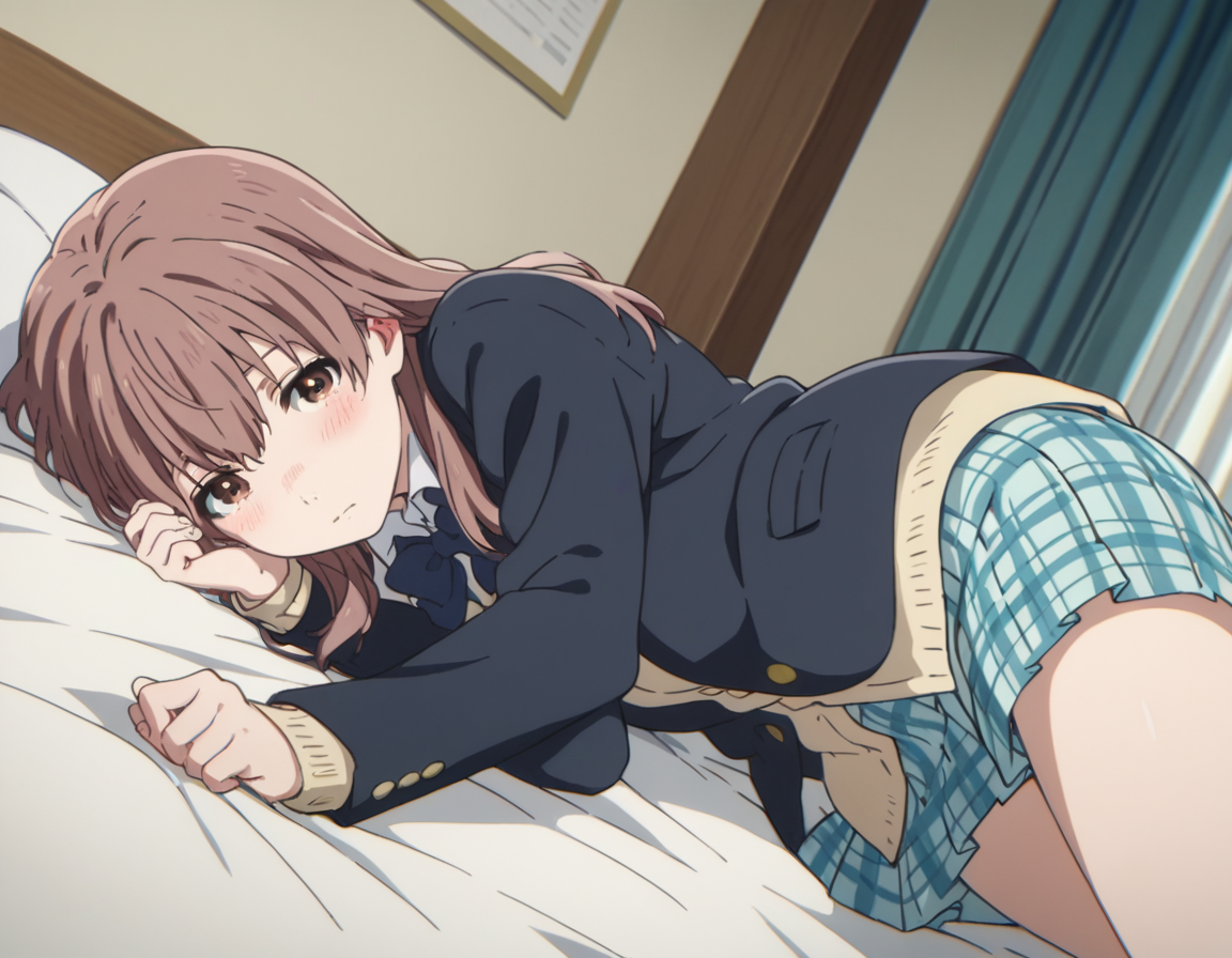 score_9, score_8_up, score_7_up, source_anime,
shoukonishimiya, <lora:shouko-nishimiya-movie-ponyxl-lora-nochekaiser:1>,
shouko nishimiya, long hair, brown hair, brown eyes,
skirt, bow, school uniform, jacket, plaid, plaid skirt, blazer,
indoors, bed, bed room, on side, blush, drunk,
looking at viewer, solo, cowboy shot, dutch angle,